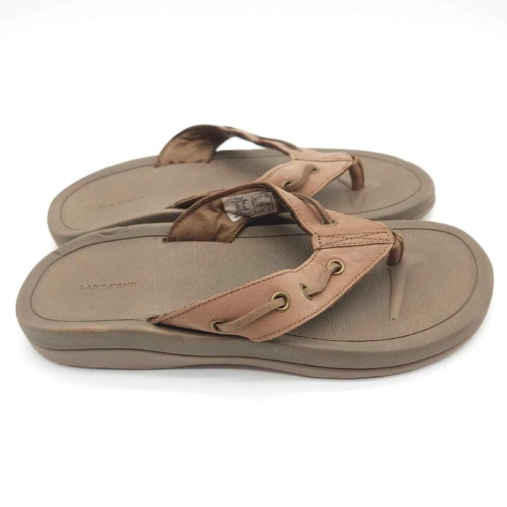 Lands End (Men's 8‎ D) Brown Flip Flop Thong Sandals Coastal Summer Beach 427927